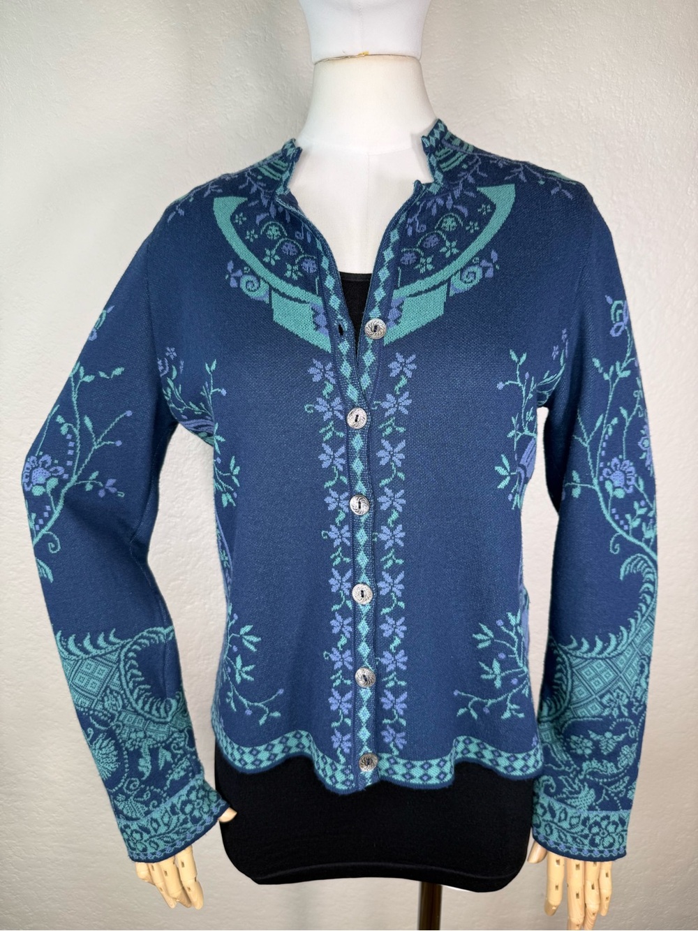 Ivko Jacquard Floral Knit Marine Blue Cardigan Sweater Jacket Size 40